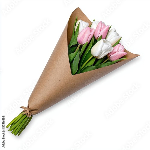 A photostock of a bouquet of pink and white tulips, wrapped in brown kraft paper, isolated on a white background, elegant and fresh, High Quality photo