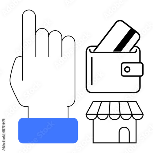 Hand pointing up, wallet with a credit card, and shop icon representing interaction, payment, and commerce. Ideal for e-commerce, retail transactions, payment methods, financial apps shopping