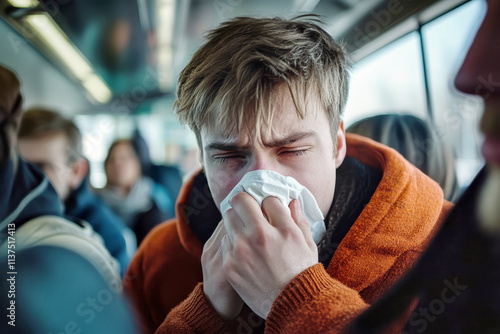 Young man sneezes on crowded bus as passengers react with curiosity and concern during chilly winter commute photo