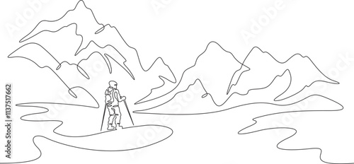 Continuous one line drawing skier on a snowy slope. Alpine skier against the background of a mountain landscape. Winter sports in the mountains.One continuous line isolated minimal illustration.Not AI