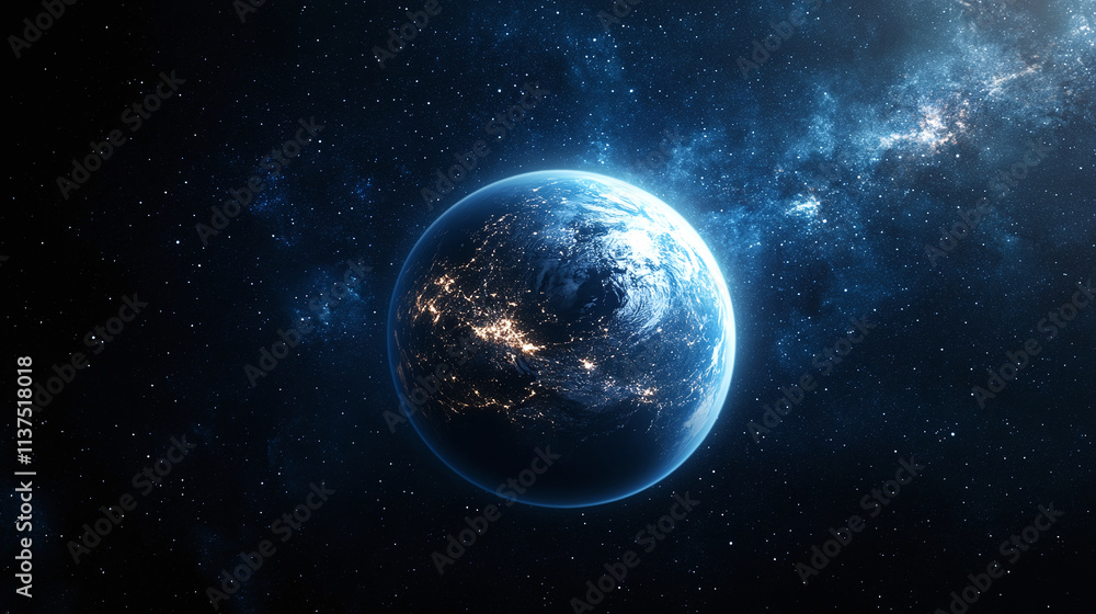 Obraz premium the planet Earth, visible from space. The Earth is surrounded by a dark outer space with many stars.