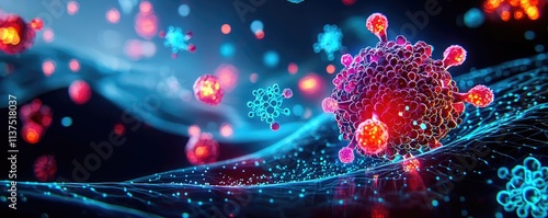 Cancer cells idea. Vibrant visualization of virus particles in a digital, abstract environment.