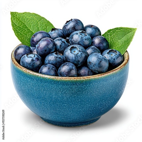 A photostock of a rustic ceramic bowl filled with fresh blueberries, isolated on a clean white background, natural and healthy, High Quality photo