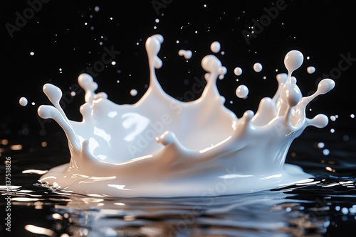 Splash of milk on black surface, creating artistic shapes and patterns, stunning contrast between white and black, captured in motion. photo