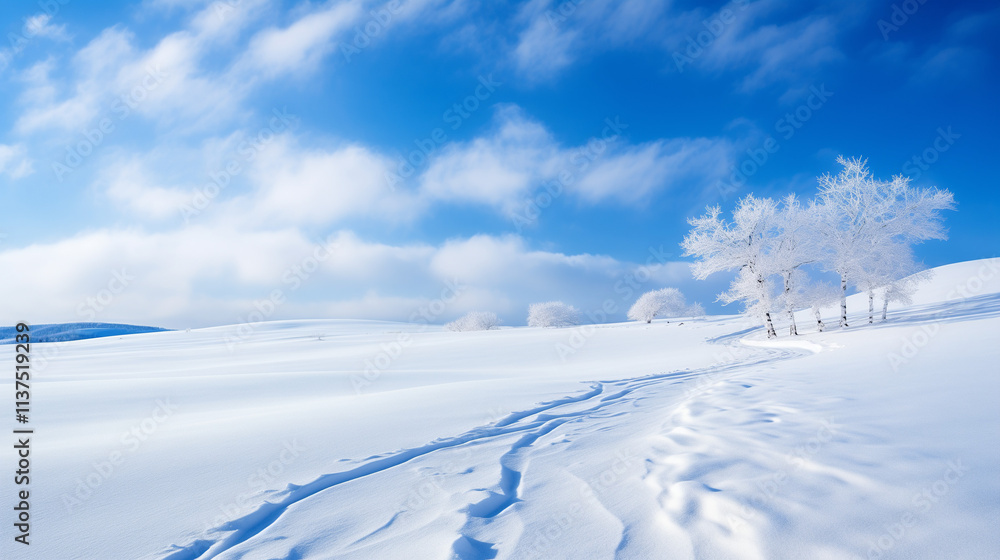 Snowy Winter Landscape with Blue Sky and White Clouds Snowy Winter Landscape with Blue Sky and White Clouds