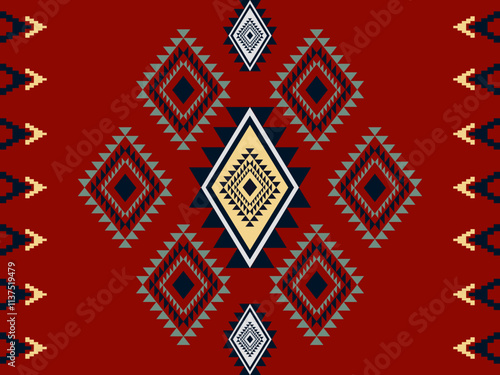 Embroidered cross-stitch ethnic fabric Geometric ornament ethnic pattern design. Use for fabric, textile, interior decoration elements, upholstery, and wrapping. Traditional geometric ethnic fabric