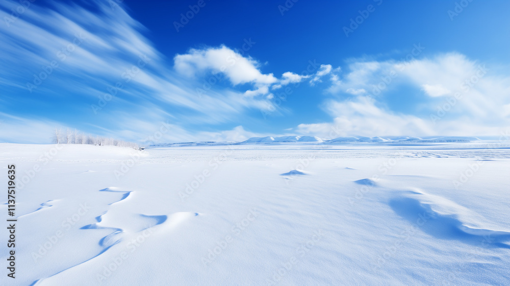 Snowy Winter Landscape with Blue Sky and White Clouds Snowy Winter Landscape with Blue Sky and White Clouds