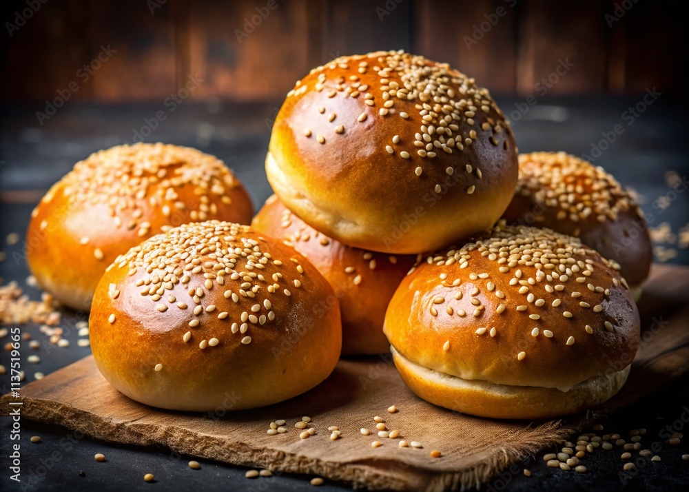 Homemade Sesame Burger Buns, Long Exposure Photography, Dark Background, Food Photography, Recipe, Baking, Bread, Delicious Homemade Sesame Burger Buns, Long Exposure Photography, Dark Background, Food Photography, Recipe, Baking, Bread, Delicious