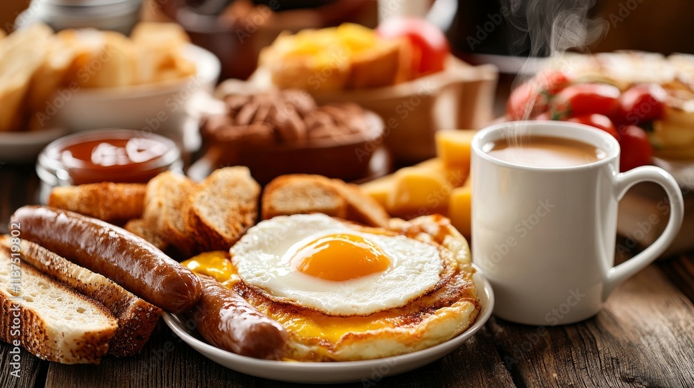 This inviting breakfast scene includes a perfectly fried egg, sausage, and toast, paired with a hot cup of coffee. The warm lighting and rustic wooden table enhance the cozy and relaxed mood of this This inviting breakfast scene includes a perfectly fried egg, sausage, and toast, paired with a hot cup of coffee. The warm lighting and rustic wooden table enhance the cozy and relaxed mood of this