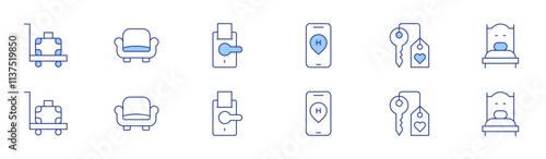Hotel icon set in two styles, Duotone and Thin Line style. Editable stroke. location, hotel key, single bed, baggage, couch, doorknob