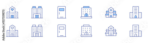 Hotel icon set in two styles, Duotone and Thin Line style. Editable stroke. hotel, villa, room door