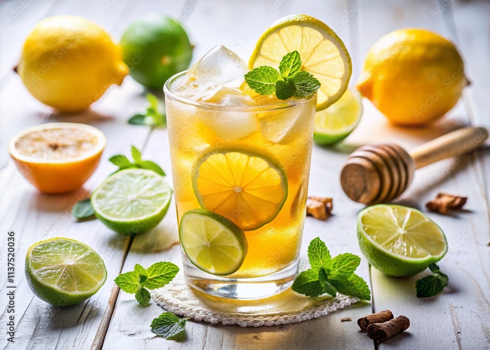 Fototapeta premium Honey Lemon Iced Soda Lime Drink Photography - Refreshing Summer Beverage Image