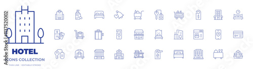 Hotel icons collection. Thin Line icons, editable stroke. booking, city, door hanger, food trolley, bed, bell, do not disturb, elevator, hotel, hotel key, room service, single bed, key card.