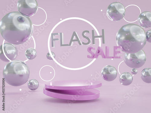 Pedestal podium 3D rendering illustration, ball flying on background, text Flash sale floating advertising banner promotion in Festivals and Celebrations, Promotional concepts and advertising designs.