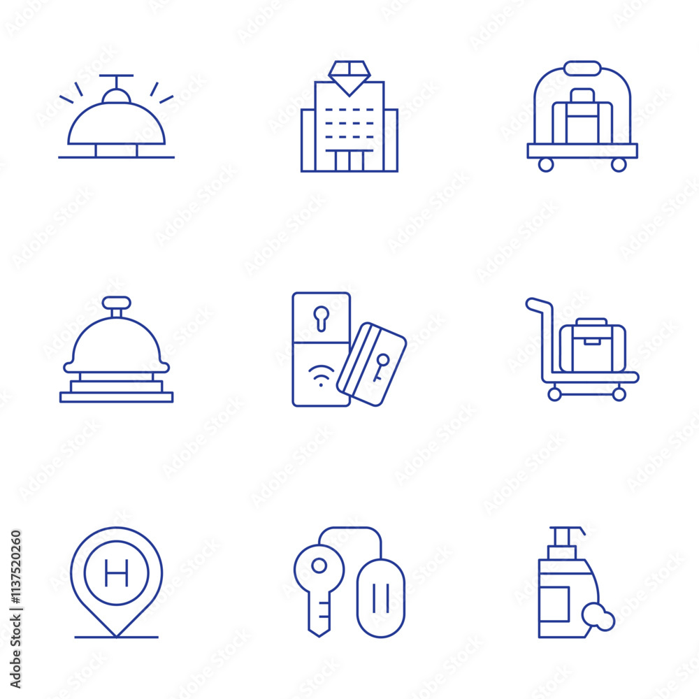 Hotel icons set. Thin Line style, editable stroke. bell ring, desk bell, hostel, hotel, hotel cart, key card, luggage, room key, shampoo Hotel icons set. Thin Line style, editable stroke. bell ring, desk bell, hostel, hotel, hotel cart, key card, luggage, room key, shampoo