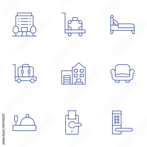 Hotel icons set. Thin Line style, editable stroke. hotel, luggage cart, room service, baggage, bed, building, couch, doorknob, handle