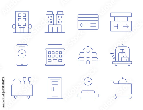 Hotel icons. Thin Line style, editable stroke. hotel, hotel key, location, room service, sleep, villa, luggage cart, room door