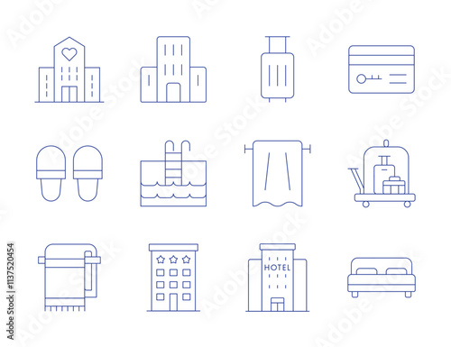 Hotel icons. Thin Line style, editable stroke. hotel, slippers, swimming pool, towel, suitcase, double bed, hotel key, luggage cart