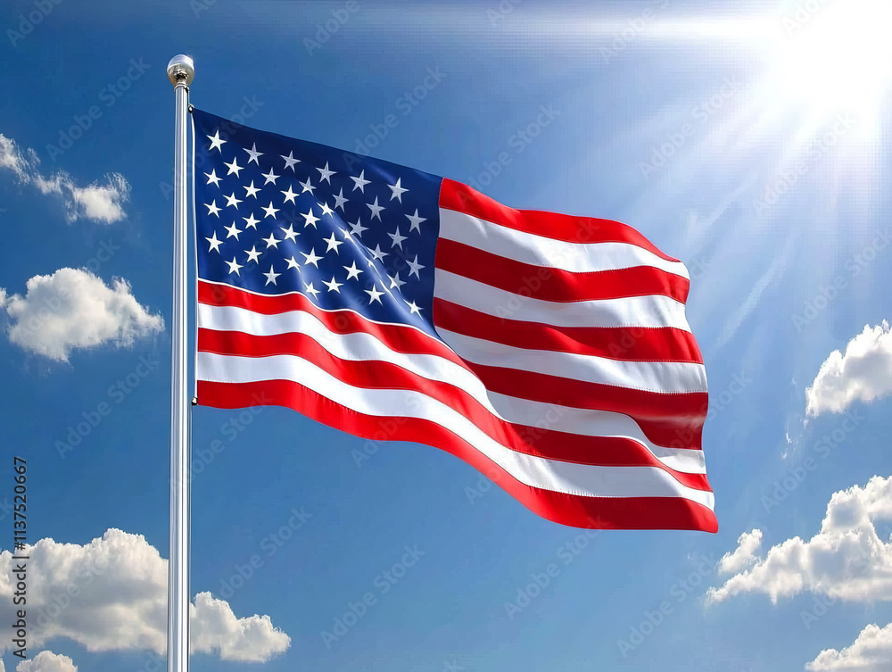 The United States flag waves proudly on a flagpole against a bright blue sky and shining sun. The United States flag waves proudly on a flagpole against a bright blue sky and shining sun.