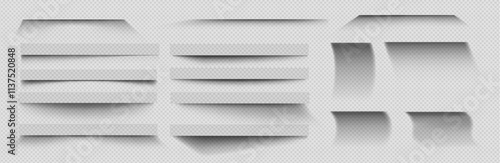 Shadow effect collection - realistic shades set with different gradient opacity, depth and length on transparent background. Dark monochrome tones for page dividers, web elements or modern ui design.