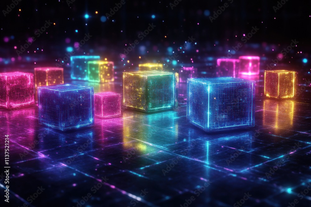 Neon Cubes Glow and Shine Brightly on Reflective Surface with Particles Neon Cubes Glow and Shine Brightly on Reflective Surface with Particles