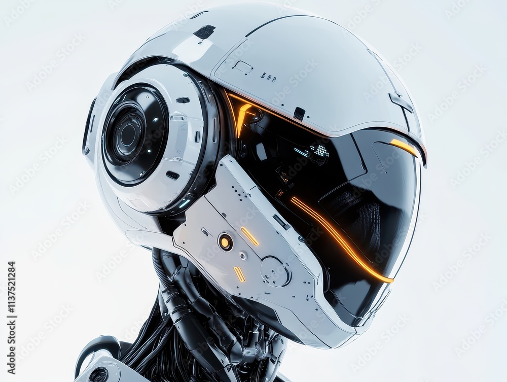 Close-up of a Futuristic Robotic Helmet with Orange Glow Close-up of a Futuristic Robotic Helmet with Orange Glow