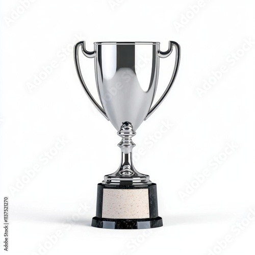 A photostock of a silver trophy cup with an engraved base, isolated on a white background, shiny and victorious, High Quality