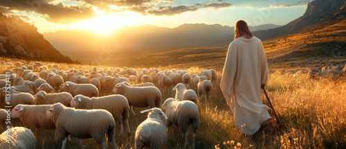 Jesus Christ guides his flock of sheep through a serene valley at sunset, capturing a moment of peace and harmony in nature