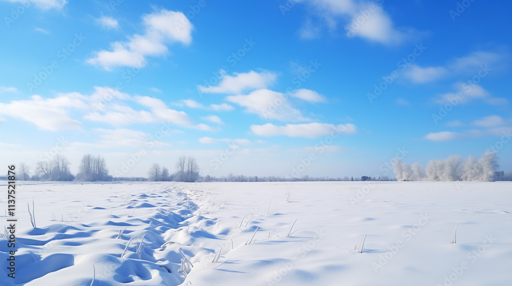 Snowy Winter Landscape with Blue Sky and White Clouds Snowy Winter Landscape with Blue Sky and White Clouds