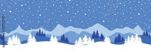 Minimalistic winter landscape, seamless border, forest and mountains, snowdrifts and snowfall, vector illustration