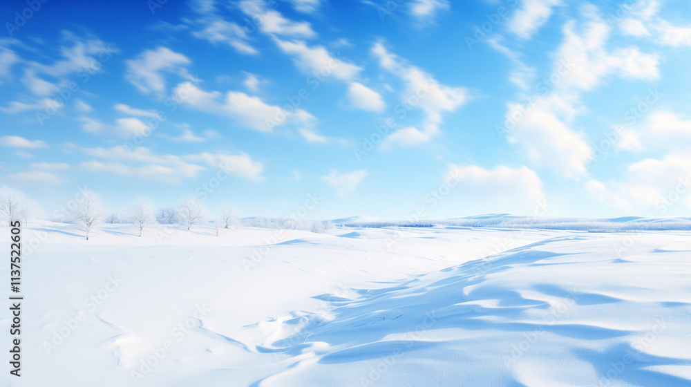 Snowy Winter Landscape with Blue Sky and White Clouds Snowy Winter Landscape with Blue Sky and White Clouds