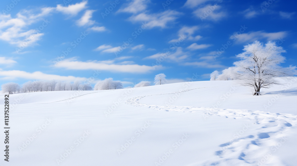 Snowy Winter Landscape with Blue Sky and White Clouds Snowy Winter Landscape with Blue Sky and White Clouds