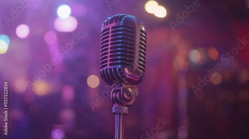 Vintage Microphone on Stage Surrounded by Colorful Lights