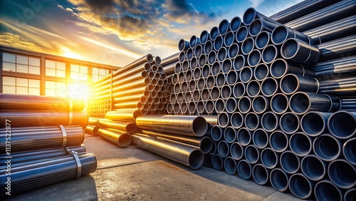 Industrial PVC Pipe Storage: Outdoor Warehouse Stacked Black Plastic Pipes