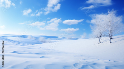 Snowy Winter Landscape with Blue Sky and White Clouds