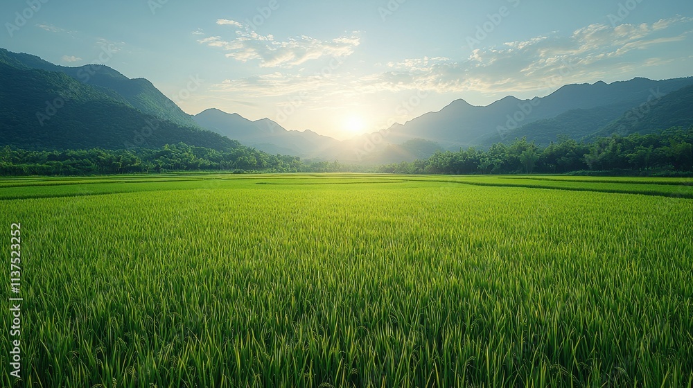 Serene Green Rice Paddy Landscape at Sunset Serene Green Rice Paddy Landscape at Sunset
