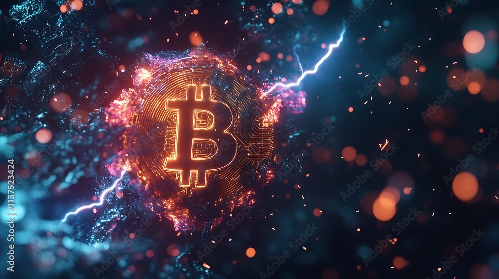 Fiery Bitcoin symbol engulfed in energy. Fiery Bitcoin symbol engulfed in energy.