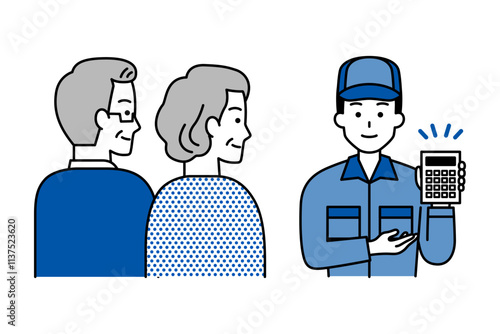 年配の夫婦に見積りを提案するつなぎ作業服の男性