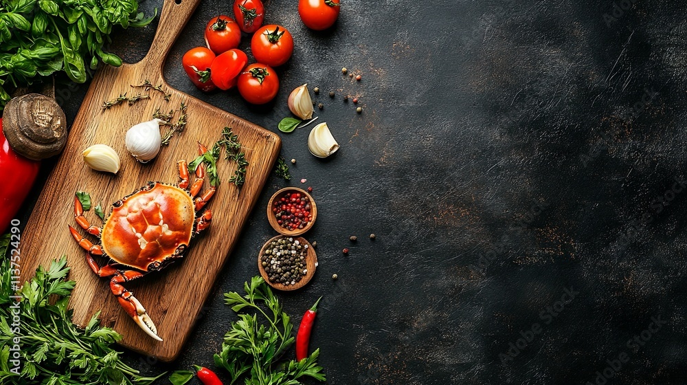Cooked crab on a kitchen board with vegetables, top view Cooked crab on a kitchen board with vegetables, top view