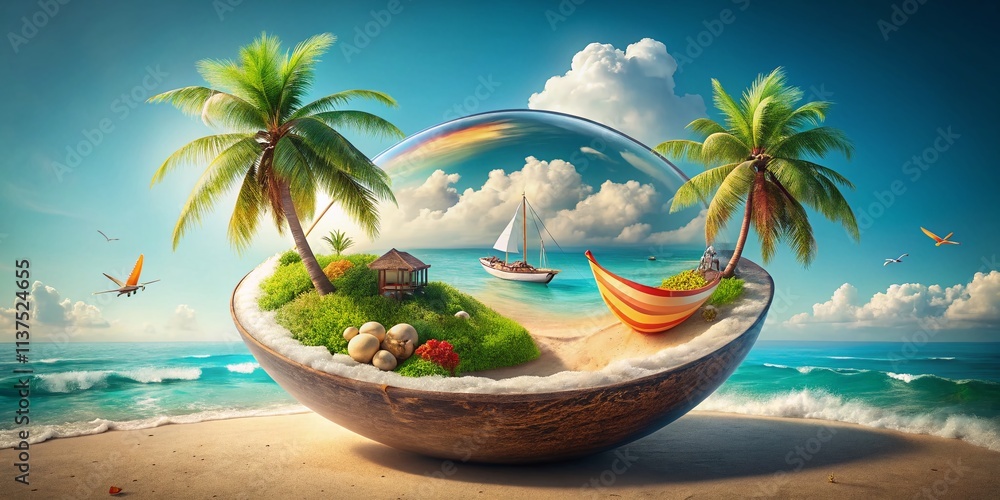 Obraz premium Isometric Summer Holiday Beach Scene: Double Exposure Photography