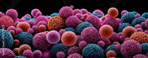 Cancer cells idea. Colorful microscopic view of diverse cells showcasing biological structures.