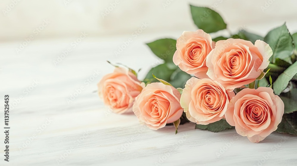 Valentine rose concept. A bouquet of soft peach roses elegantly arranged on a light background. Valentine rose concept. A bouquet of soft peach roses elegantly arranged on a light background.