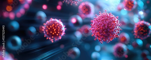 Cancer cells idea. Colorful microscopic view of viruses in an abstract digital environment.