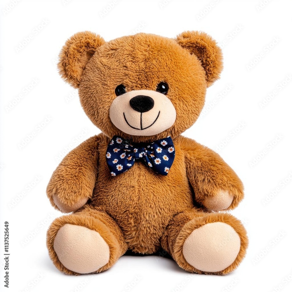 Obraz premium A photostock of a soft teddy bear with a floral bow tie, isolated on a white background, cute and cozy, High Quality