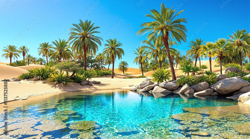Crystal-clear natural pool in desert oasis with sand dunes and palms, unique scenic view, stock image Crystal-clear natural pool in desert oasis with sand dunes and palms, unique scenic view, stock image