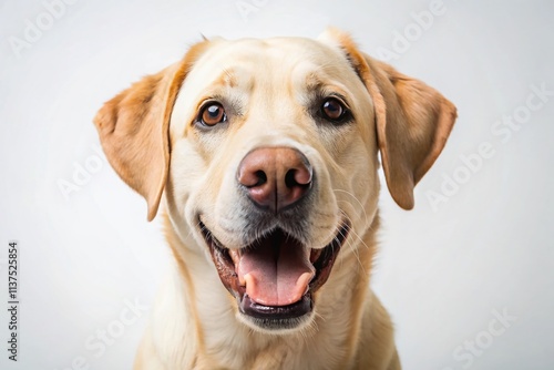 Joyful Labrador Retriever, Happy Dog, White Background, Candid Dog Photo, Expressive Dog Face, Pet Photography