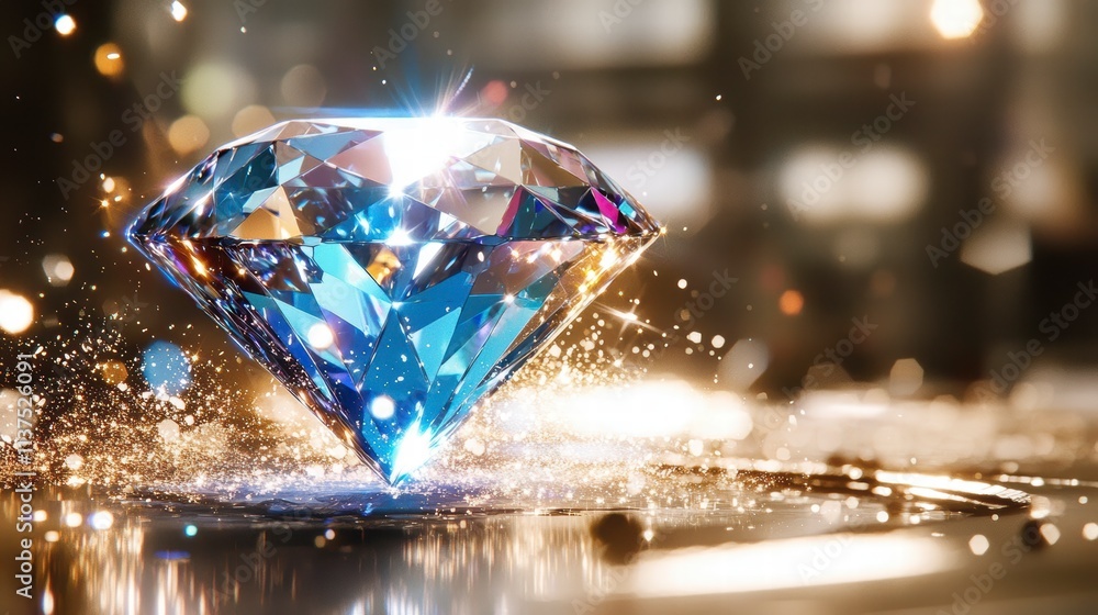 Sparkling Diamond Jewel on Reflective Surface.