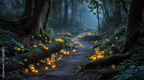 Realistic forest scene with glowing mushrooms and dense foliage, unique and serene, stock photo