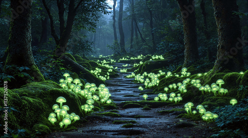 Mystical forest trail with bioluminescent fungi and moonlit trees, realistic rare landscape, stock image