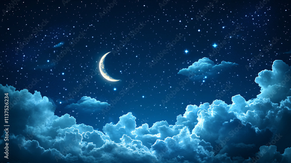 Ramadan concept - Ramadan kareem. Tall minarets, mosque dome and crescent and shining star in the sky. Religious background image.
Ramadan concept - Ramadan kareem. Tall minarets, mosque dome and crescent and shining star in the sky. Religious background image.